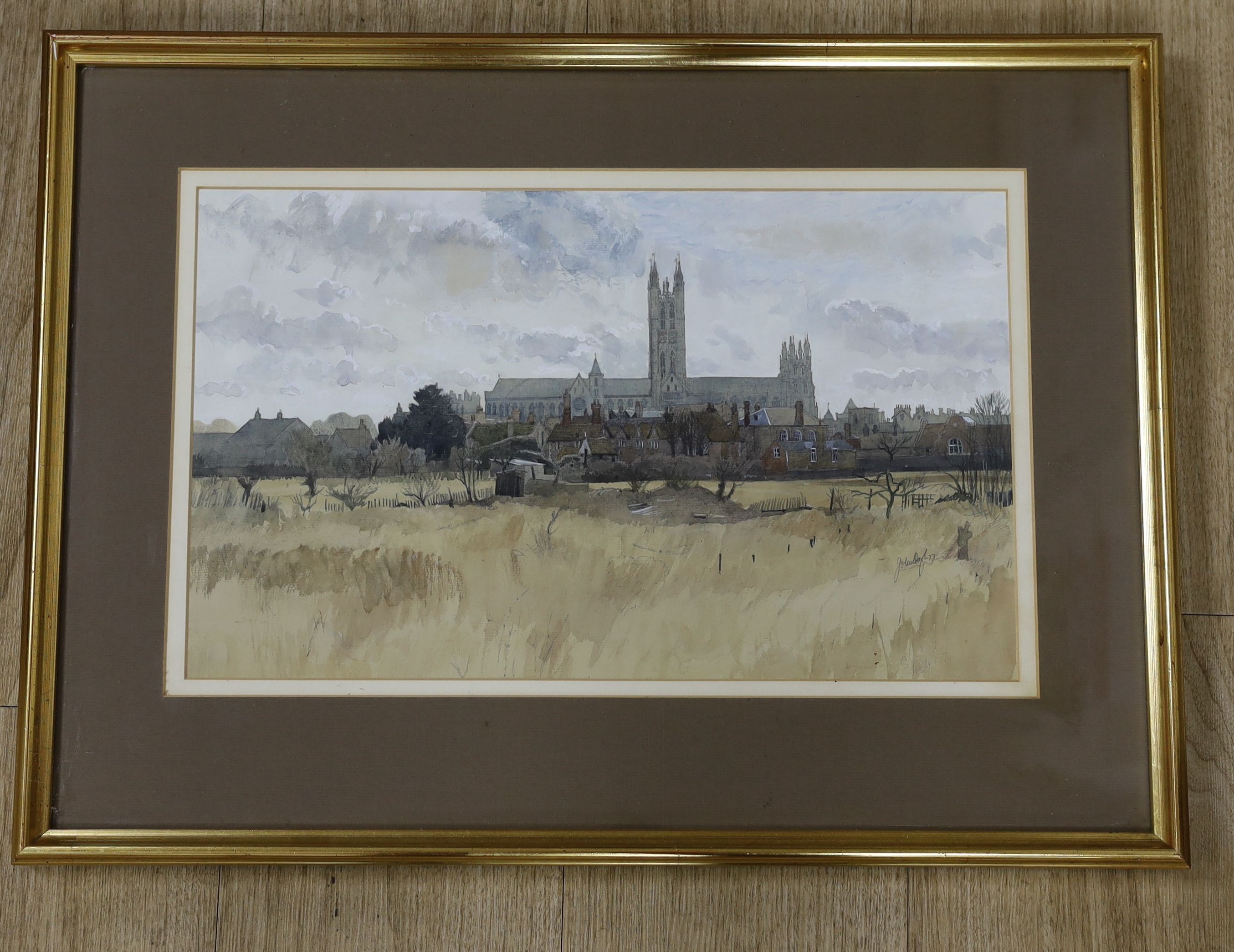 John Doyle (b.1928), watercolour, Canterbury Cathedral, signed and dated '77, 26 x 43cm